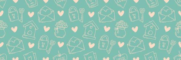 The love theme doodle style seamless pattern, Valentines Day hand-drawn color icons with a simple engraving retro effect. Romantic mood, cute symbols and elements backgrounds collection. vector