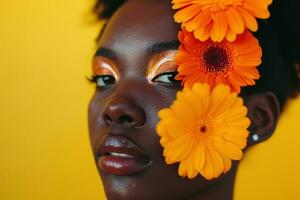 AI generated beautiful black woman with flower on her face black woman photo