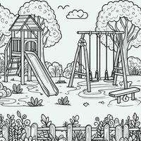 coloring book simple sketches for children, illustrations of natural scenery in the form of a children playground, there are slides, swings and seesaws vector