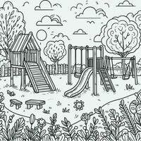 coloring book simple sketches for children, illustrations of natural scenery in the form of a children playground, there are slides, swings and seesaws vector