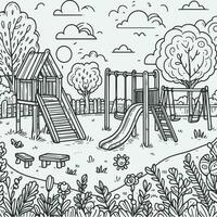 colorante libro sencillo bocetos para niños, ilustraciones de natural paisaje en el formar de un niños patio de juegos, allí son diapositivas, columpios y balancines vector