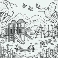 colorante libro sencillo bocetos para niños, ilustraciones de natural paisaje en el formar de un niños patio de juegos, allí son diapositivas, columpios y balancines vector