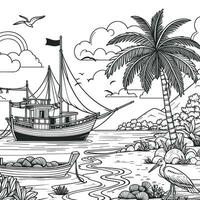 Coloring book simple sketches for children, illustrations of natural views on the beach, there are fishing boats, coconut trees and mangrove trees vector