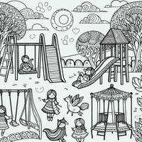 colorante libro sencillo bocetos para niños, ilustraciones de natural paisaje en el formar de un niños patio de juegos, allí son diapositivas, columpios y balancines vector