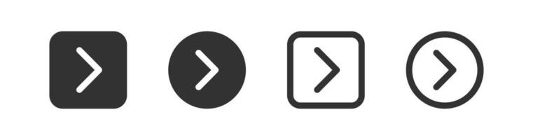 Arrow next icon. Button forward signs. Back symbol. Right direction symbols. More page icons. Black color. Vector isolated sign.