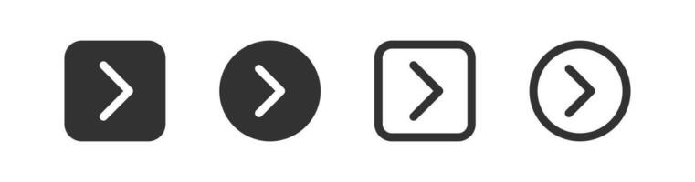 Arrow next icon. Button forward signs. Back symbol. Right direction symbols. More page icons. Black color. Vector isolated sign.