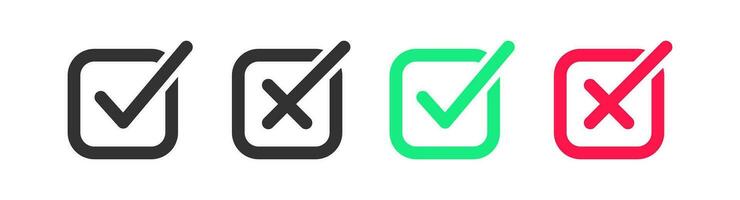 Checkmark icon. Tick correct, wrong signs. Cancel symbol. Right symbols. Yes, no icons. Black, red, and green color. Vector isolated sign.