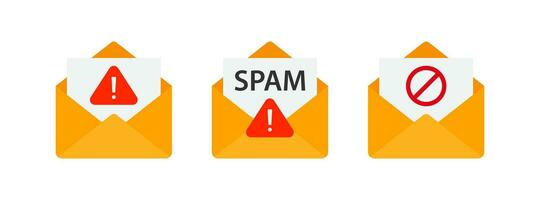 Spam email icon. Virus mail message symbol. Malware letter signs. Hacker protection symbols. Internet scam icons. Vector sign.