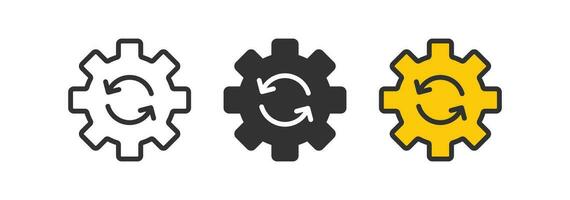 Gear reload icon. System update symbol. Cog refresh signs. Setting recovery symbols. Software repair icons. Black, yellow color. Vector sign.