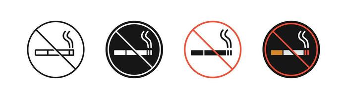 No fumar icono. detener de fumar símbolo. prohibido cigarrillo señales. prohibición tabaco simbolos prohibir nicotina iconos negro, rojo, plano color. vector signo.