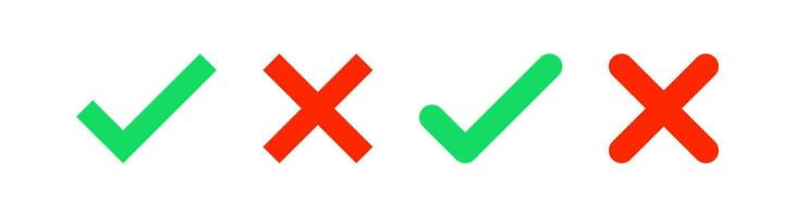 Check mark icon. Tick, x signs. Cancel symbol. Close symbols. Wrong, correct, ok, yes, no in circle icons. Green, red color. Vector sign.