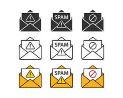 Spam email icon. Virus mail message symbol. Malware letter signs. Hacker protection symbols. Internet scam icons. Vector sign.