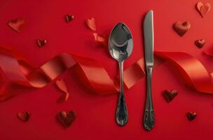 AI generated a fork and spoon surrounded by red ribbons and hearts photo