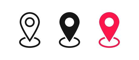 mapa alfiler icono. marcador sitio símbolo. GPS navegación señales. destino punto simbolos viaje dirección iconos negro, rojo color. vector signo.