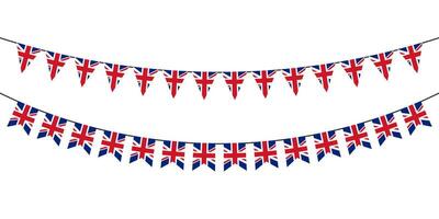 Flag garlands. Festive bunting. Triangle banners with the UK flag. Birthday decoration. Background decor for celebration in Britain. Flat color. Vector sign.