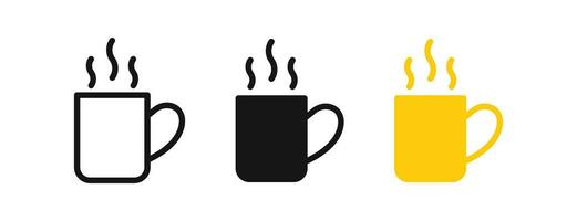 Hot cup icon. Tea symbol. Coffee signs. Mug symbols. Drink cappuccino, and espresso icons. Black, yellow color. Vector sign.