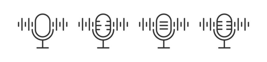 Mic icon. Microphone signs. Voice symbol. Audio record symbols. Radio, podcast, speech, broadcast, speaker icons. Black color. Vector sign.