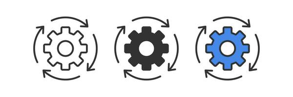 Gear reload icon. System update symbol. Cog refresh signs. Setting recovery symbols. Software repair icons. Black, blue color. Vector sign.