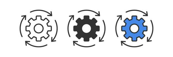 Gear reload icon. System update symbol. Cog refresh signs. Setting recovery symbols. Software repair icons. Black, blue color. Vector sign.