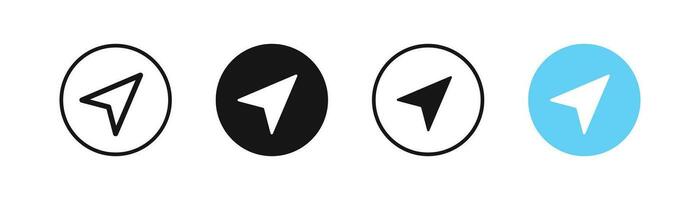 GPS arrow icon. Location on the map in the circle symbol. Navigation pointer position signs. Travel place symbols. Geo interface icons. Black, blue color. Vector isolated sign.