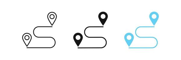 Map route icon. Gps path symbol. Travel signs. Roadmap symbols. Distance, geo pin, start and finish icons. Black, blue color. Vector sign.