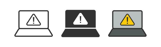 Laptop alert icon. Warning screen symbol. Computer report signs. Attention symbols. Error icons. Black, flat color. Vector sign.