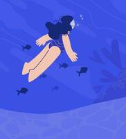 Woman swims underwater, enjoying the beauty of the ocean floor and fish. vector