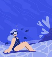 Woman swims underwater, enjoying the beauty of the ocean floor and fish. vector