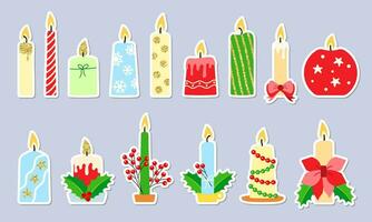 Navidad vela pegatina colocar. un festivo pegatina icono con un vela colección vector