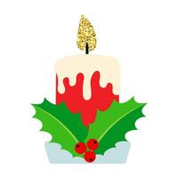 Christmas candle and holly berry. Festive candle vector