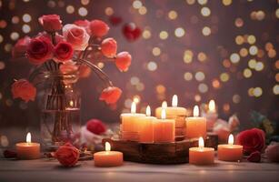 AI generated Valentine's Day background with burning candles on bokeh background photo