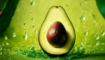 AI generated Avocado with drops of water on a green background close-up photo
