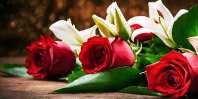 AI generated Bouquet of red roses with ribbon on wooden background, closeup photo