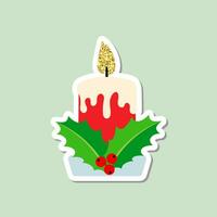 Christmas candle and holly berries. A festive sticker with a candle vector