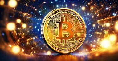 Gold bitcoin in space. Cryptocurrency concept. photo