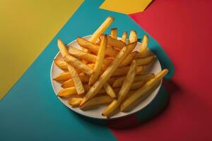 AI generated Golden French fries in a plate, top view. ai generative photo