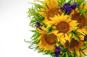 Bouquet of sunflowers and lavender isolated on white background photo