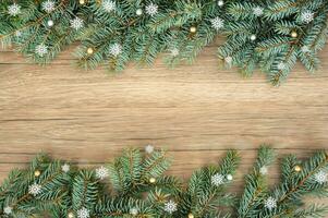 Christmas background. Christmas tree branches on wooden texture photo