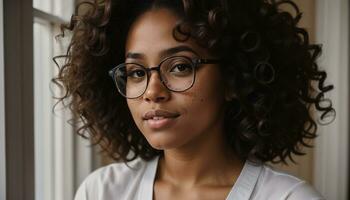 AI generated Portrait of a beautiful young african american woman in eyeglasses outdoors. ai generative photo