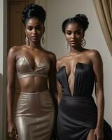 AI generated beautiful african american women in evening dresses posing in studio. ai generative photo