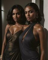 AI generated beautiful african american women in evening dresses posing in studio. ai generative photo