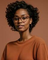 AI generated Beautiful african american woman with curly hairstyle and glasses. ai generative photo