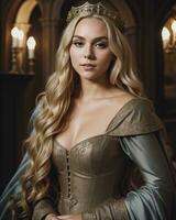 AI generated beautiful women in medieval dresses posing in front of a castle. ai generative photo