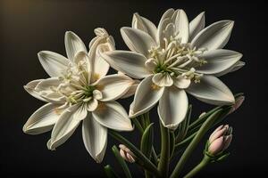 AI generated Beautiful white lilies on solid color background, closeup. Floral decor. ai generative photo