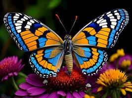 ai generado macro tiros, hermosa naturaleza escena. de cerca hermosa mariposa sentado en el flor en un verano jardín. generativo ai foto