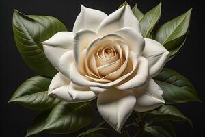 AI generated White rose with green leaves on a solid color background, top view. ai generative photo