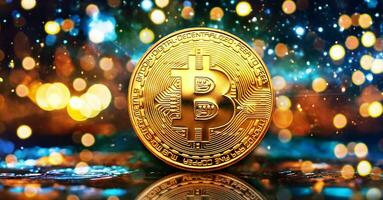 Bitcoin. Cryptocurrency. Golden bitcoin with bokeh background photo