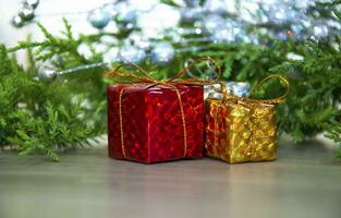 Wrapped gifts under a Christmas tree with copyspace. Christmas holiday picture with copyspace photo