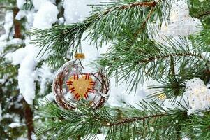 Christmas and New Year holidays background. Christmas decoration close-up on the branches of a snowy spruce in the forest photo