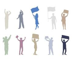 Silhouette set people with placards, demonstration and riot meeting, fight for rights, Man and woman picket with signboard, public holding blank, protest and revolution strike. Vector illustration